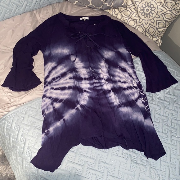 Ava James bell sleeve hi lo tunic Lace up neckline Tie dyed navy and white large - Picture 6 of 15